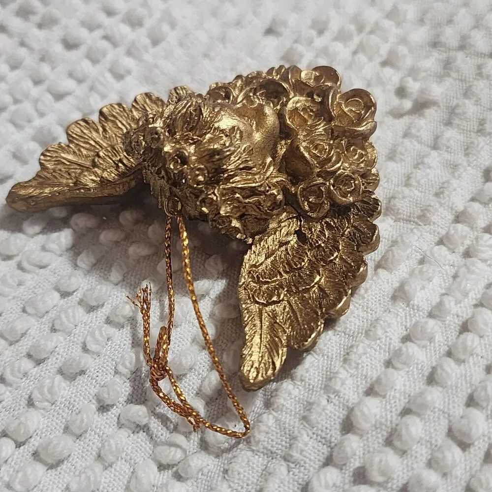 Rare Vintage 3D Cherub Angel Face & Wings Rose Flowers Art Gold Wall Hangings
